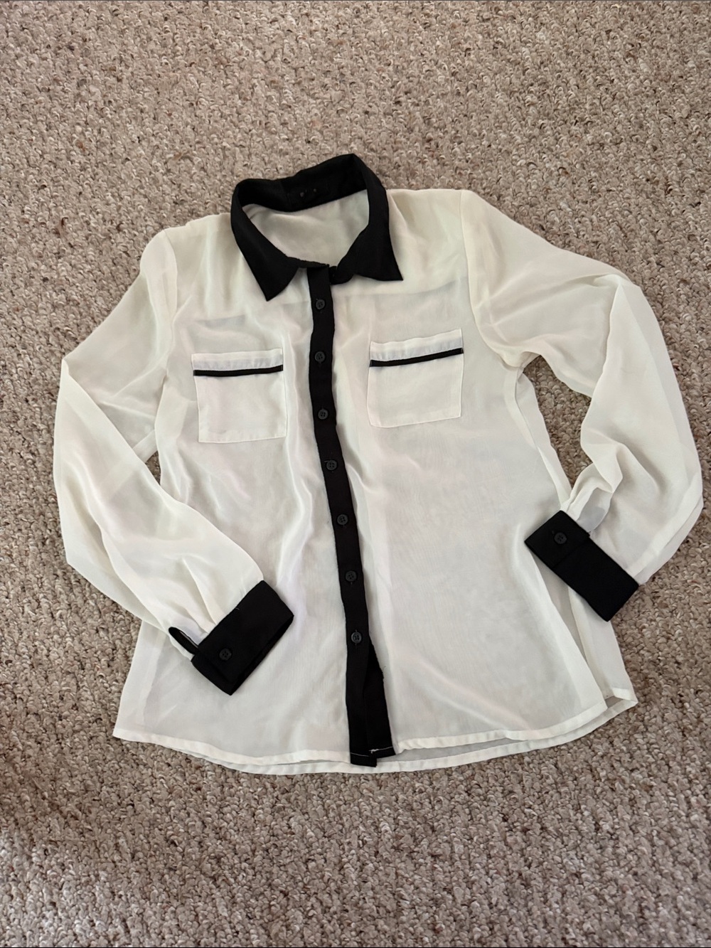 mine White Sheer Button-Down with Black Trim